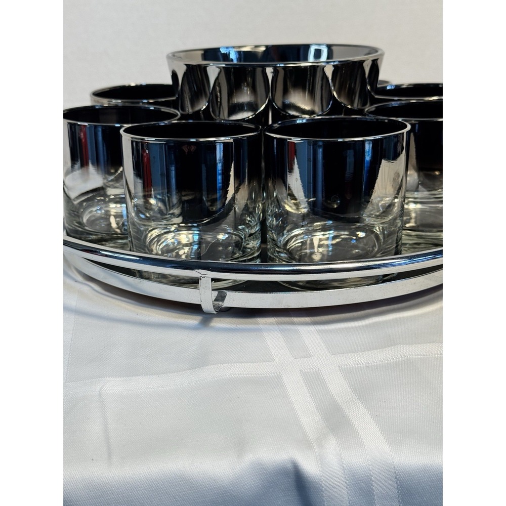 Queen's Luster Silver Fade Bar Set with Roly Poly Glasses‎ Ice Bucket Tray Tongs
